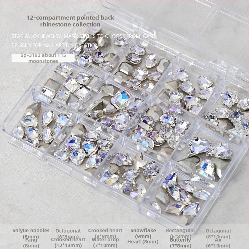 Set rhinestona za nokte – paket sa 12 odjeljaka, oblici: srce, leptir, kvadrat i osmerokut; minimalistički stil; materijal: rhinestones