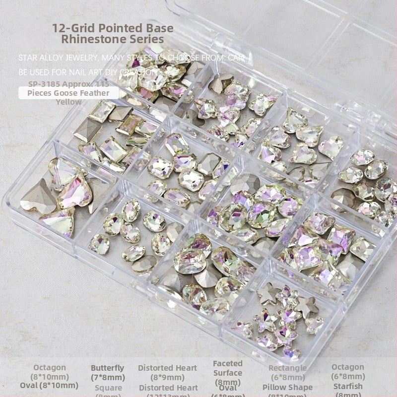 Set rhinestona za nokte – paket sa 12 odjeljaka, oblici: srce, leptir, kvadrat i osmerokut; minimalistički stil; materijal: rhinestones
