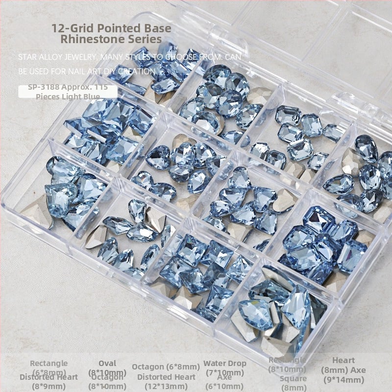 Set rhinestona za nokte – paket sa 12 odjeljaka, oblici: srce, leptir, kvadrat i osmerokut; minimalistički stil; materijal: rhinestones