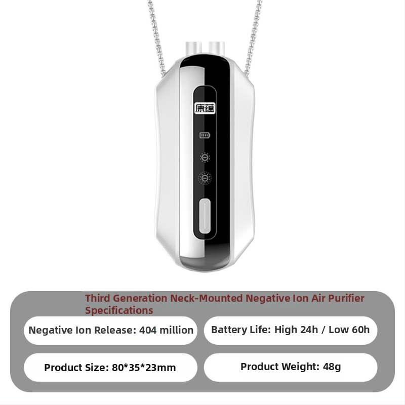Prenosni pročišćivač zraka za vrat s generatorom negativnih iona, USB napajanje, protok zraka 50 m3/h, tih rad ≤36 dB, pokrivenost do 10 m2