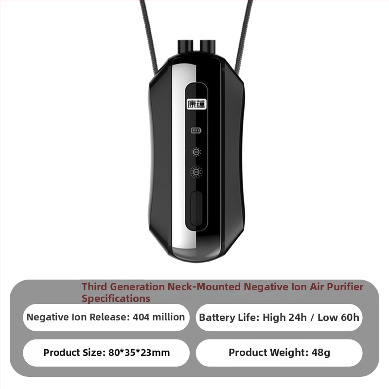 Prenosni pročišćivač zraka za vrat s generatorom negativnih iona, USB napajanje, protok zraka 50 m3/h, tih rad ≤36 dB, pokrivenost do 10 m2