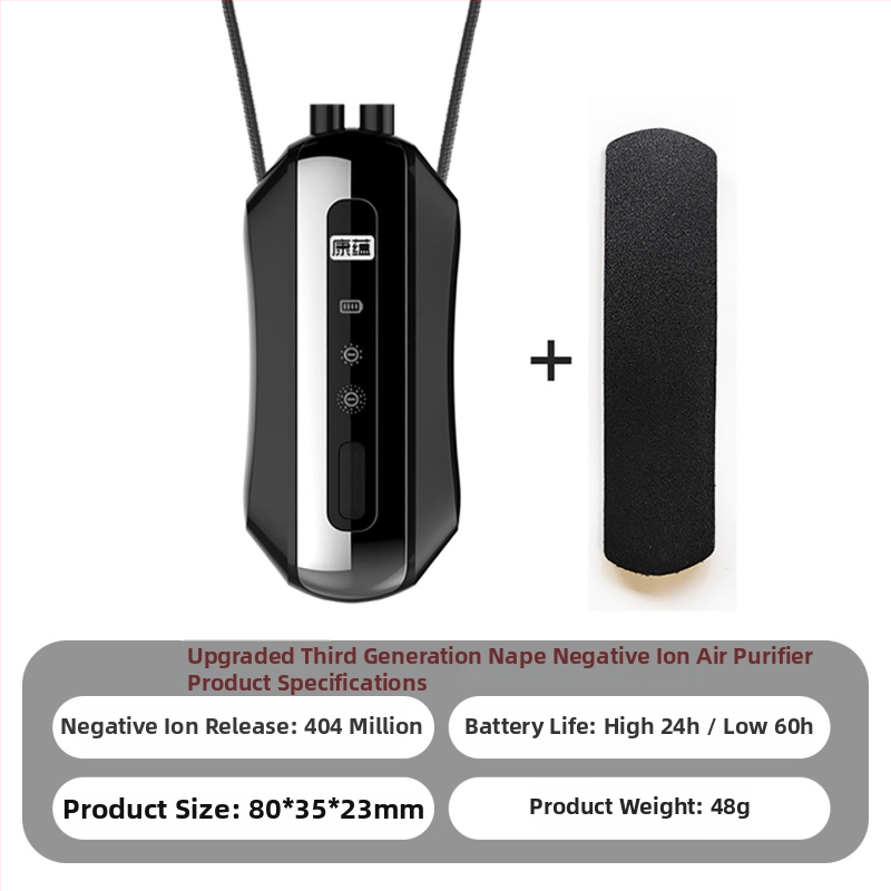 Prenosni pročišćivač zraka za vrat s generatorom negativnih iona, USB napajanje, protok zraka 50 m3/h, tih rad ≤36 dB, pokrivenost do 10 m2