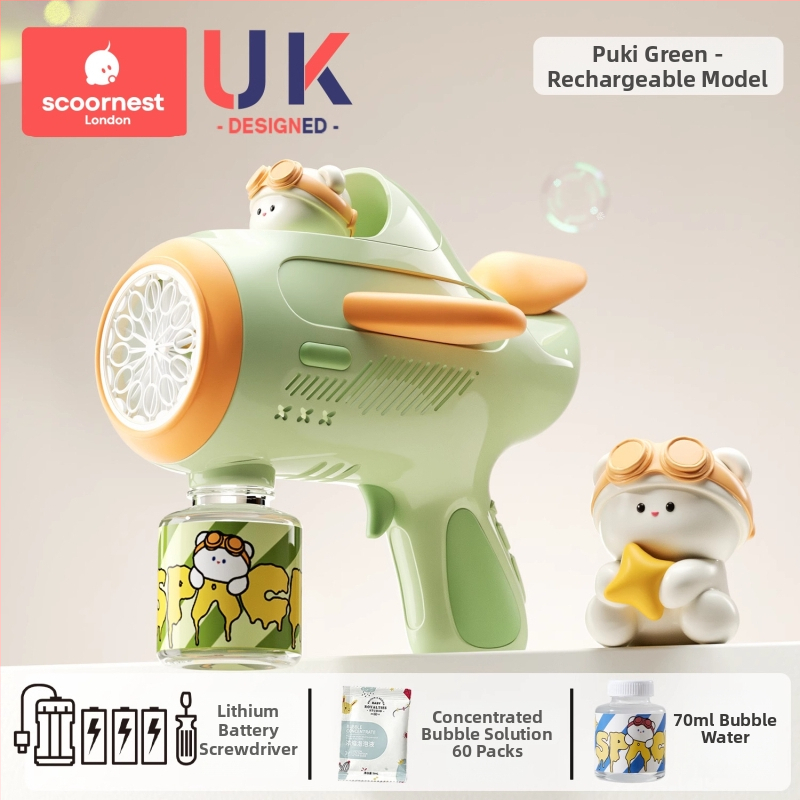 Gyerekeknek buborékfújópisztoly – teljesen automata, nem toxikus, a márka KESCOORL; tartalmaz buborékoldat és koncentrátumokat; akkumulátoros és újratölthető verziók