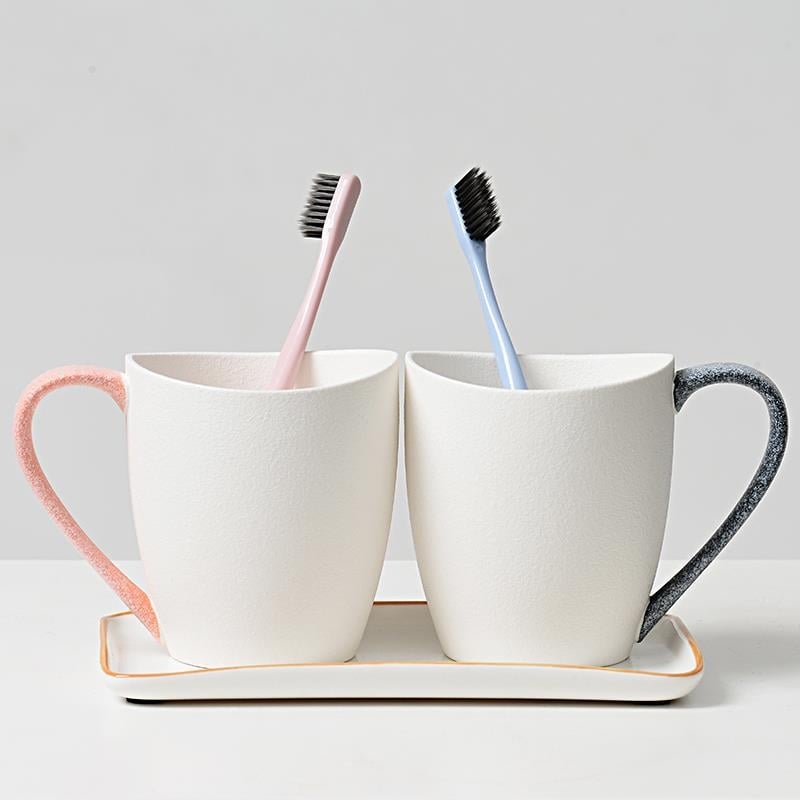 Set de baie din ceramică cu glazură japoneză fulg de zăpadă — trei piese, cu cupe pentru apă de gură și pentru periuța de dinți pentru cupluri