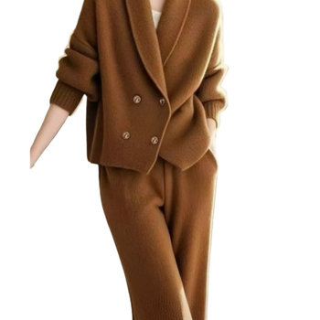 Set tricotat casual din două piese cu palton-sweater și pantaloni largi (bumbac; lungime pantaloni: trei sferturi; mânecă: printesă; sezon: iarnă-primăvară; stil: Doamnă Elegantă)