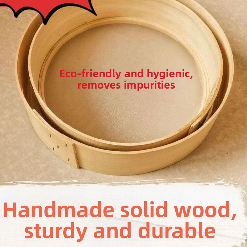 Ručne vyrobený drevený sito na múku s okrúhlym košíkom – vidiecky štýl