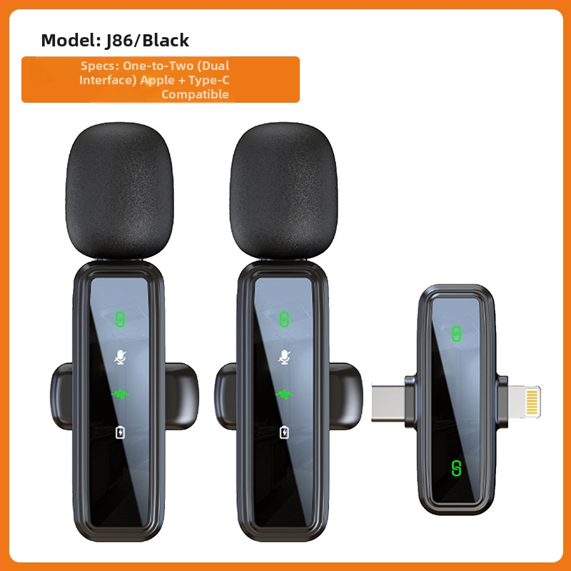 Lavalier mikrofónový systém J86, Bluetooth 5.1, 2 kanály, frekvenčné rozpätie 20 Hz–20 kHz, zabudovaná batéria 50–100 mAh, výdrž 6–8 h, 3 v 1 pre telefón, fotoaparát a zvuk