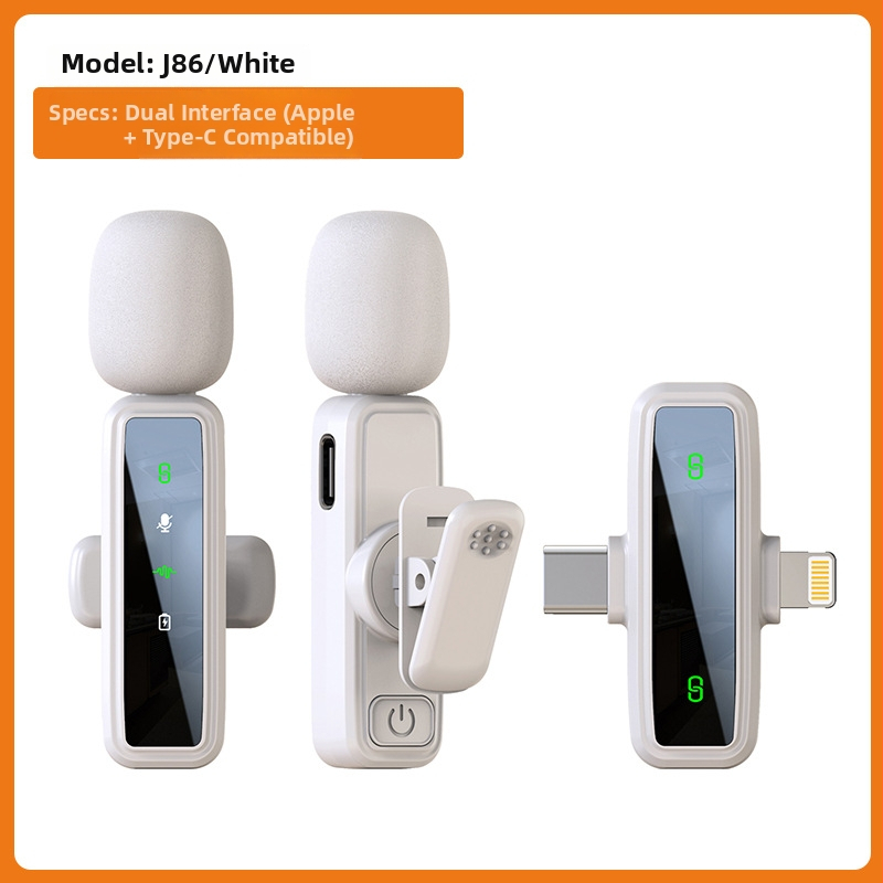 Lavalier mikrofónový systém J86, Bluetooth 5.1, 2 kanály, frekvenčné rozpätie 20 Hz–20 kHz, zabudovaná batéria 50–100 mAh, výdrž 6–8 h, 3 v 1 pre telefón, fotoaparát a zvuk