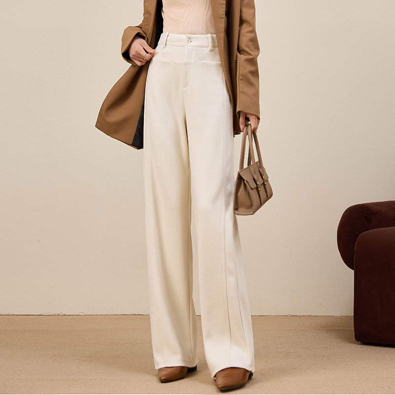 Pantaloni femei talie înaltă, croială largă, cu fermoar, din amestec lână de oaie și poliester, elasticitate înaltă (talie înaltă; croială largă; fermoar; lână de oaie + poliester; elasticitate înaltă)