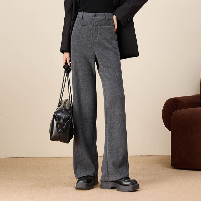 Pantaloni femei talie înaltă, croială largă, cu fermoar, din amestec lână de oaie și poliester, elasticitate înaltă (talie înaltă; croială largă; fermoar; lână de oaie + poliester; elasticitate înaltă)