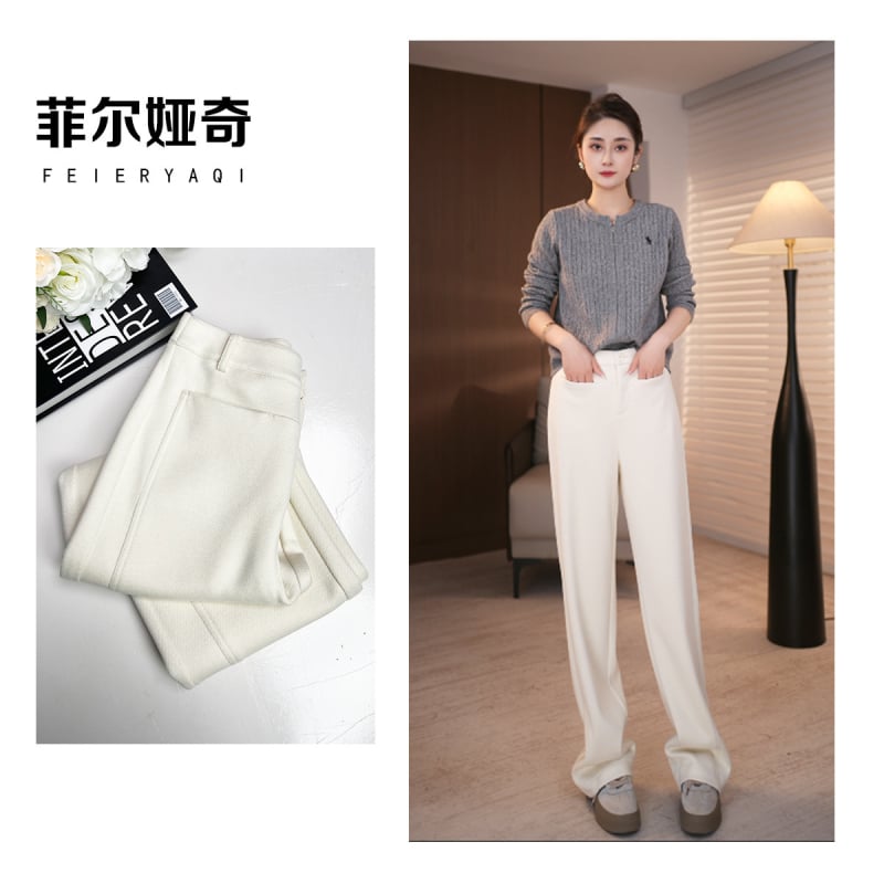 Pantaloni femei talie înaltă, croială largă, cu fermoar, din amestec lână de oaie și poliester, elasticitate înaltă (talie înaltă; croială largă; fermoar; lână de oaie + poliester; elasticitate înaltă)