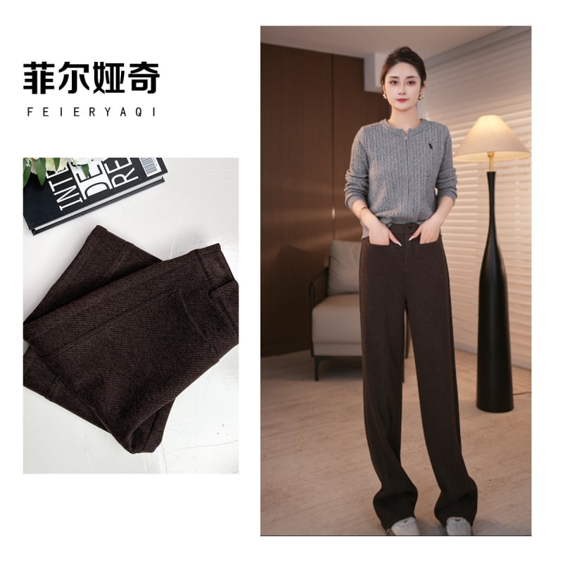 Pantaloni femei talie înaltă, croială largă, cu fermoar, din amestec lână de oaie și poliester, elasticitate înaltă (talie înaltă; croială largă; fermoar; lână de oaie + poliester; elasticitate înaltă)