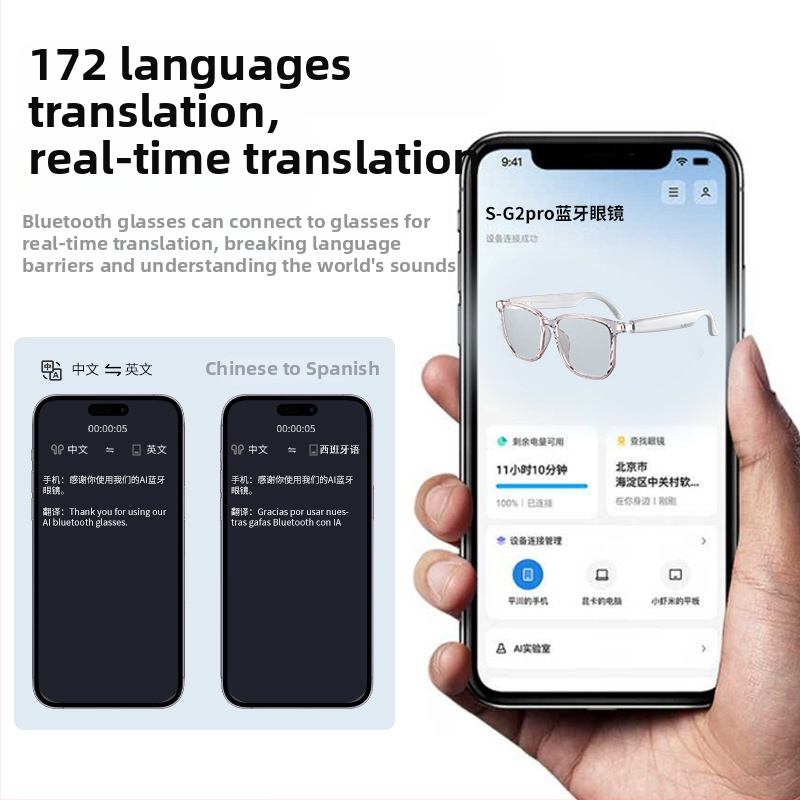 Bluetooth pametne naočale s AI prijevodom i simultanim prevođenjem, 2-in-1, bez kamere, baterija 55mAh×2, zaslon 148×150