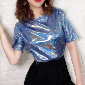 Tricou cu schimbare de culoare și luciu strălucitor, mânecă scurtă, croială lejeră — material Ice silk/viscose, 95%+ compoziție, guler rotund