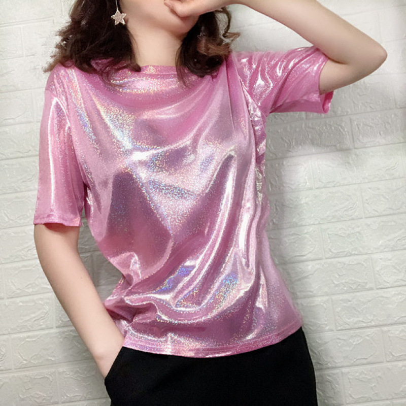 Tricou cu schimbare de culoare și luciu strălucitor, mânecă scurtă, croială lejeră — material Ice silk/viscose, 95%+ compoziție, guler rotund