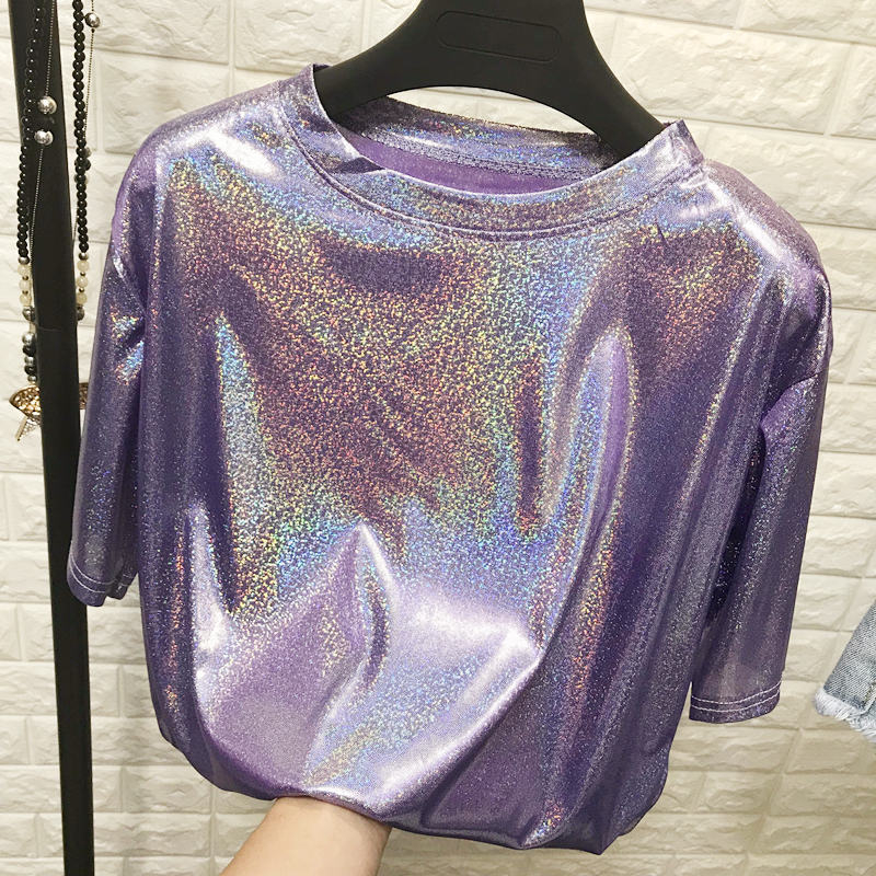 Tricou cu schimbare de culoare și luciu strălucitor, mânecă scurtă, croială lejeră — material Ice silk/viscose, 95%+ compoziție, guler rotund