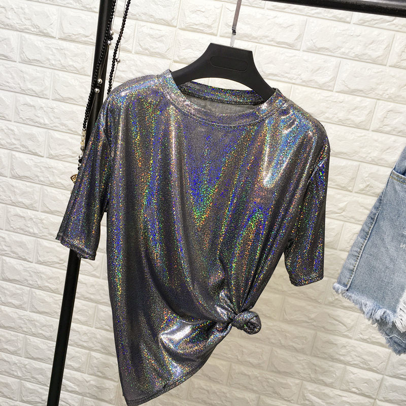 Tricou cu schimbare de culoare și luciu strălucitor, mânecă scurtă, croială lejeră — material Ice silk/viscose, 95%+ compoziție, guler rotund