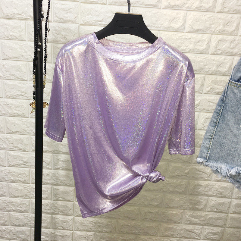 Tricou cu schimbare de culoare și luciu strălucitor, mânecă scurtă, croială lejeră — material Ice silk/viscose, 95%+ compoziție, guler rotund