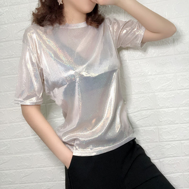 Tricou cu schimbare de culoare și luciu strălucitor, mânecă scurtă, croială lejeră — material Ice silk/viscose, 95%+ compoziție, guler rotund