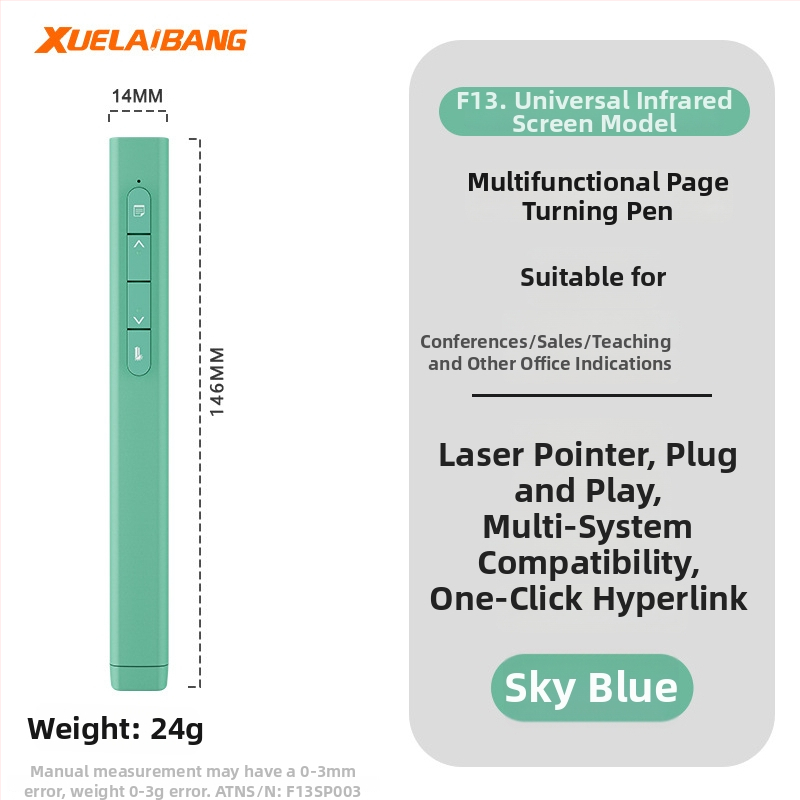 Shelleypen laserska olovka za prebacivanje stranica za prezentacije, ABS+PC kućište, specifikacija F13, mogućnost ispisa logotipa.