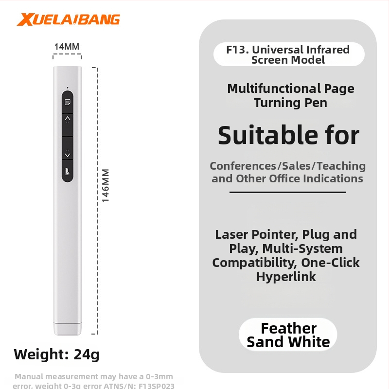 Shelleypen laserska olovka za prebacivanje stranica za prezentacije, ABS+PC kućište, specifikacija F13, mogućnost ispisa logotipa.