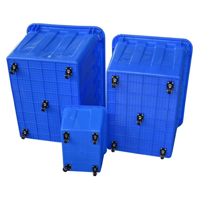 Rezervor de apă din plastic pentru acvacultură, PE, turnare prin injecție, rezistent, compatibil cu capac și cu opțiune de roți; dimensiuni interne 950×720×660 mm; grosime perete 4 mm; sarcină 50 kg; greutate netă 9,8 kg