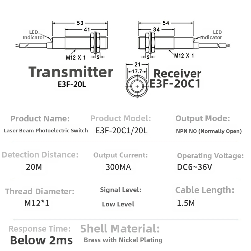 Laserový IR optoelektrický spínač cez lúč, dosah 20 m, 12 V vstup, 1 μs odozva, IP65