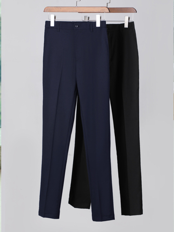 Pantaloni business formali, croială Slim-fit dreaptă, talie medie, 55% poliester în amestec cu fibre chimice, fără călcare