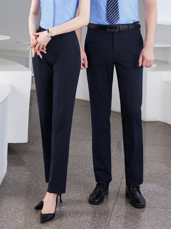 Pantaloni business formali, croială Slim-fit dreaptă, talie medie, 55% poliester în amestec cu fibre chimice, fără călcare