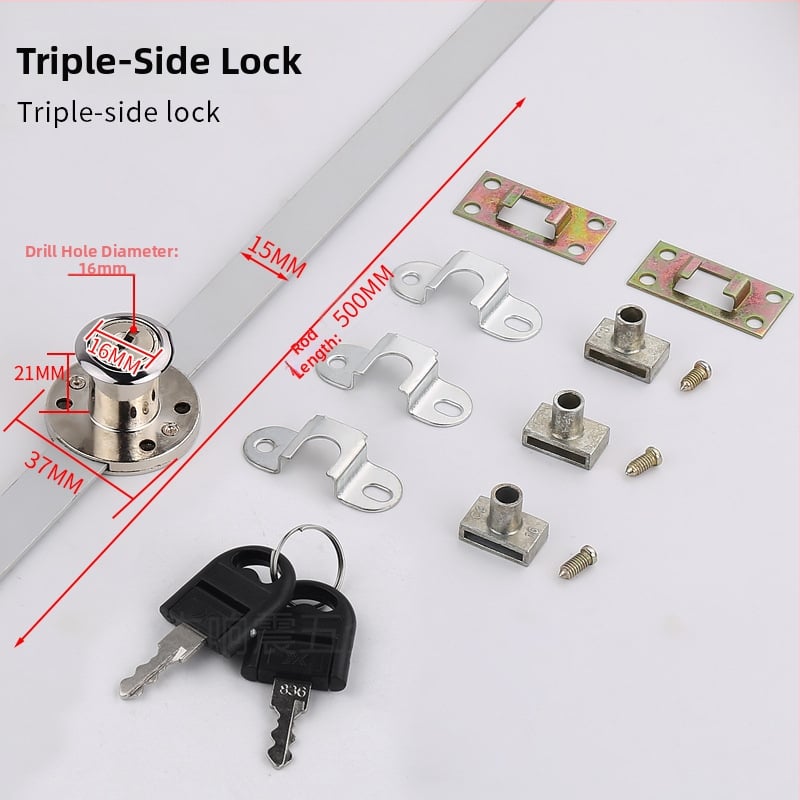 Loud bočna brava za namještaj – trostruki mehanizam zaključavanja ladice uz montažne dodatke, cinkova legura, moderan minimalistički stil