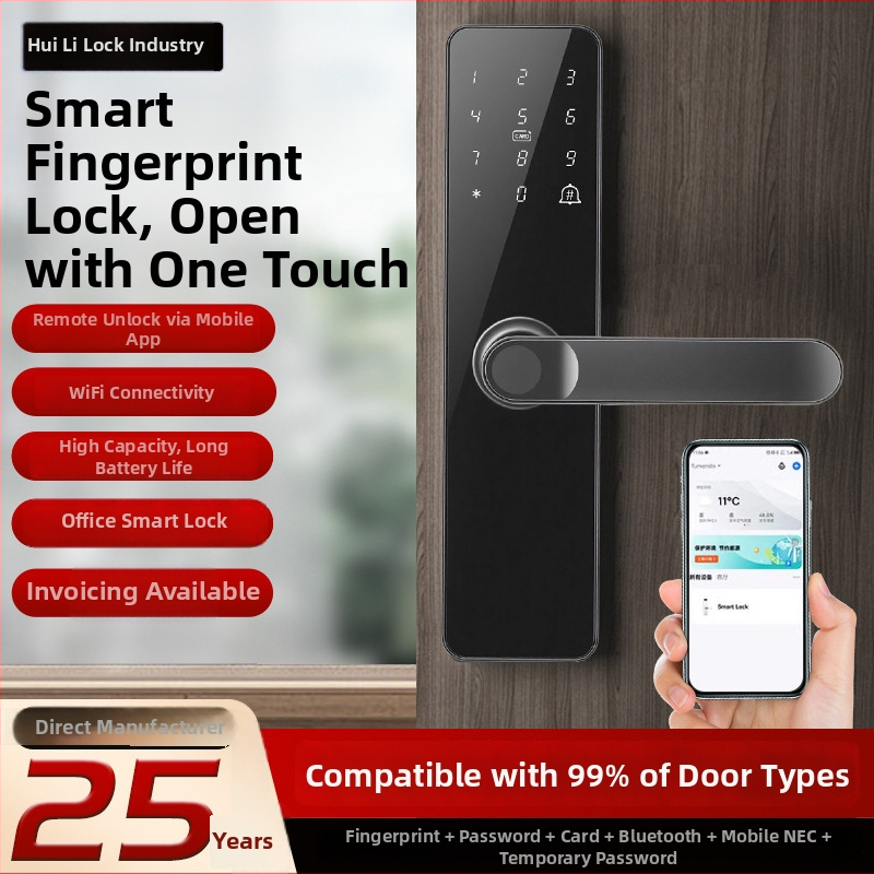 Έξυπνο κλειδί πόρτας εισόδου με δακτυλικό αποτύπωμα και Bluetooth/Wi-Fi έλεγχο μέσω app, μοντέλο D203, 300 αποθηκεύσεις, έως 100000 ξεκλειδώσεις, σάρωση <5 s, DC παροχή