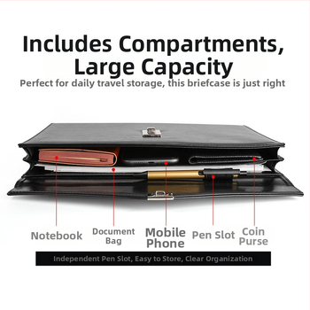 Kožená A4 taška na dôverné dokumenty s uzamykaním na heslo, model A4B01; Materiál: koža; Tlač loga: Áno; Prispôsobenie: Áno; Hrúbka materiálu: 1,5 mm