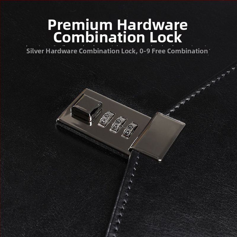 Kožená A4 taška na dôverné dokumenty s uzamykaním na heslo, model A4B01; Materiál: koža; Tlač loga: Áno; Prispôsobenie: Áno; Hrúbka materiálu: 1,5 mm