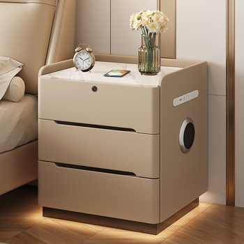 Κομοδίνο από μασίβ ξύλο με κλείδωμα δακτυλογραφίας και ασύρματη φόρτιση – σκανδιναβικό στυλ, επιφάνεια από πέτρα-πλάκα, πλήρως συναρμολογημένο