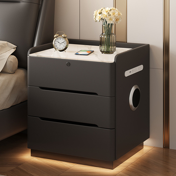 Κομοδίνο από μασίβ ξύλο με κλείδωμα δακτυλογραφίας και ασύρματη φόρτιση – σκανδιναβικό στυλ, επιφάνεια από πέτρα-πλάκα, πλήρως συναρμολογημένο