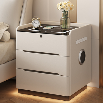 Κομοδίνο από μασίβ ξύλο με κλείδωμα δακτυλογραφίας και ασύρματη φόρτιση – σκανδιναβικό στυλ, επιφάνεια από πέτρα-πλάκα, πλήρως συναρμολογημένο