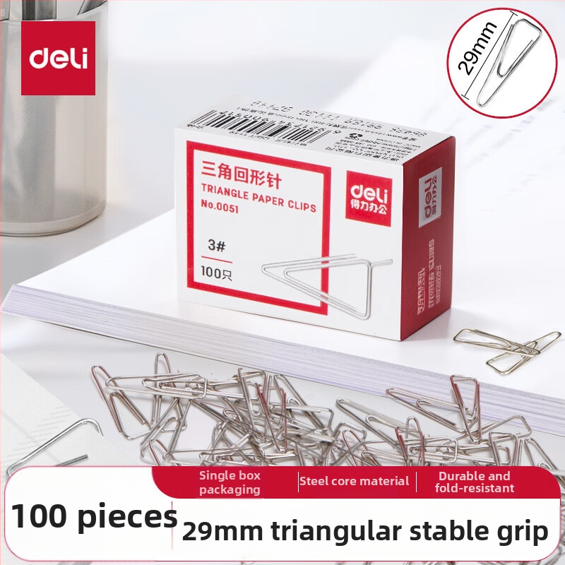 Deli trojuholníková sponka na papier 0051, kovová, kancelárske potreby, balené v krabičke, 100 ks