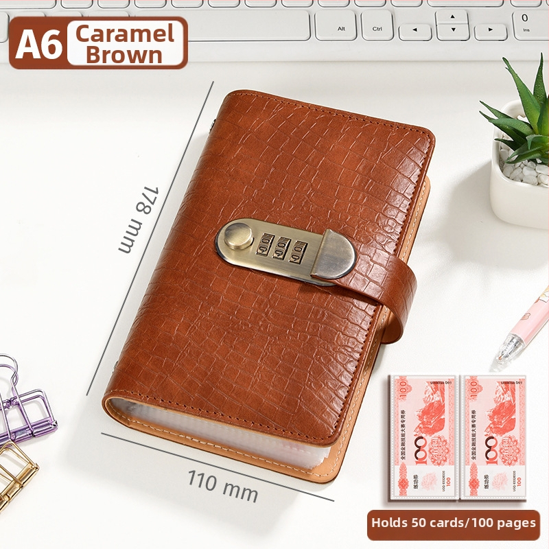 Bilježnica s ovitkom od imitacije kože u krokodilskom uzorku, zaključavanje lozinkom, veza s labavim listovima, papir 40 gsm, 50–100 stranica