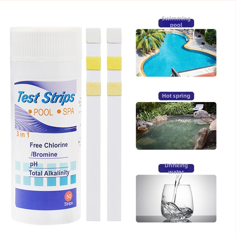 3-in-1 úszómedence vízteszt csíkok: pH, klór-alkalinitás és bróm keménység; gyógyvíz teszt; 50 csík egy üvegben