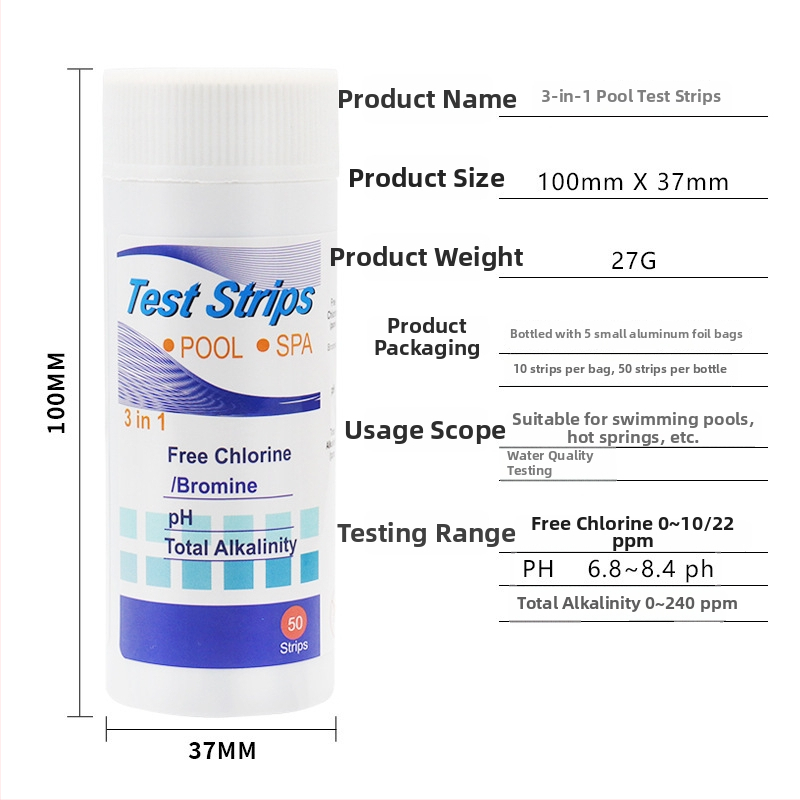3-in-1 úszómedence vízteszt csíkok: pH, klór-alkalinitás és bróm keménység; gyógyvíz teszt; 50 csík egy üvegben