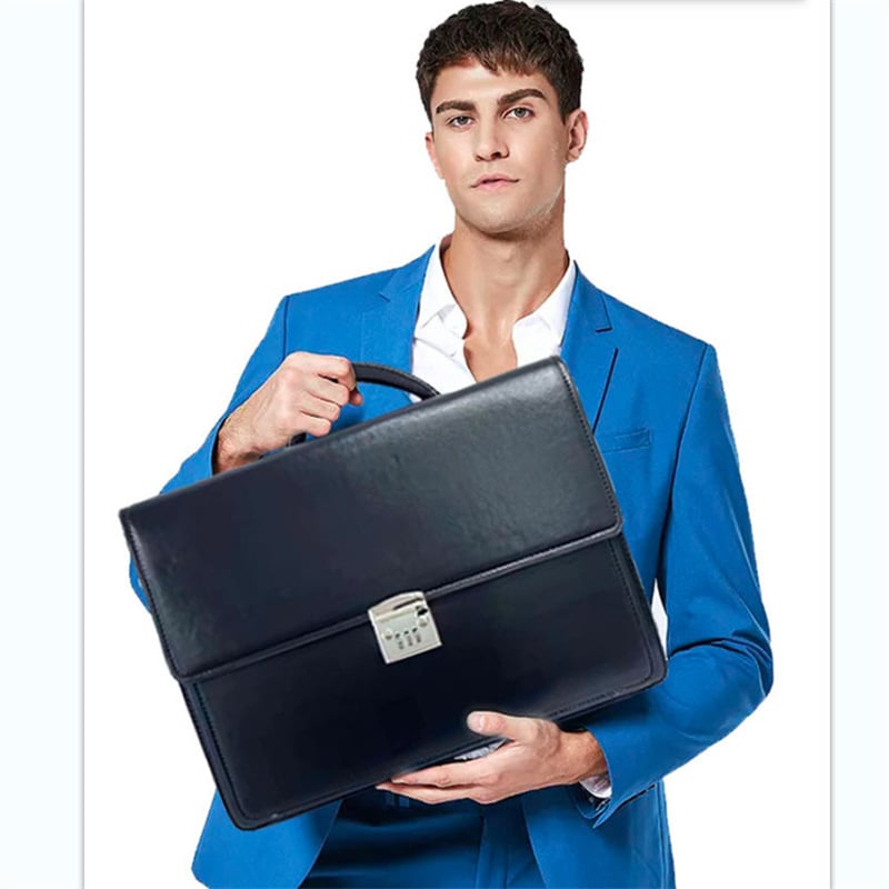 Férfi bőr üzleti táska jelszavas zár, első réteg marhabőrből, csíkos mintázat, poliészter bélés, üzleti utazásokhoz