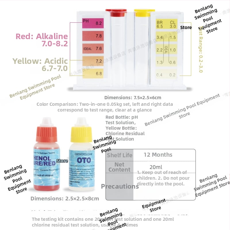 Set za testiranje kvalitete vode bazena: OTO reagijent, pH test, rezidualni klor i test kiseline i baze