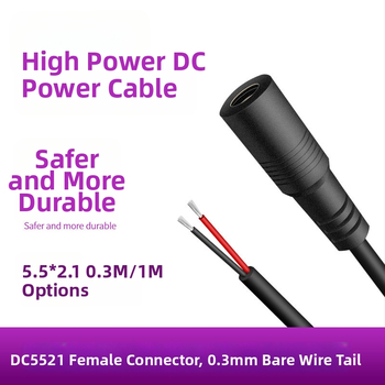 DC5521 ženski napajajući kabel, 0,3 mm², 2 vodiča, PVC izolacija, za nadzorne kamere, LED panelima i testnu opremu.