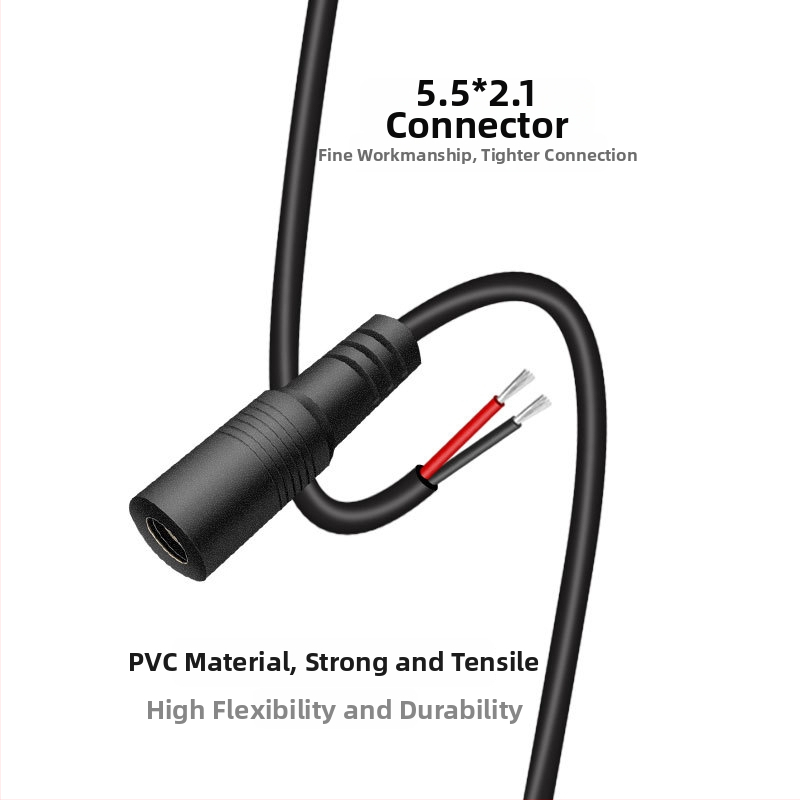 DC5521 ženski napajajući kabel, 0,3 mm², 2 vodiča, PVC izolacija, za nadzorne kamere, LED panelima i testnu opremu.