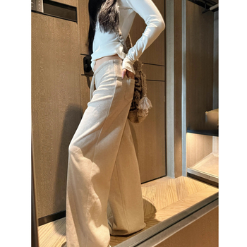 Téli egyenes szabású nadrág drapírozó hatással, típus Scimitar, dupla rétegű kötött tréning nadrág, magas derekú, poliészter anyag (50–70% poliészter) – japán-koreai laza stílus