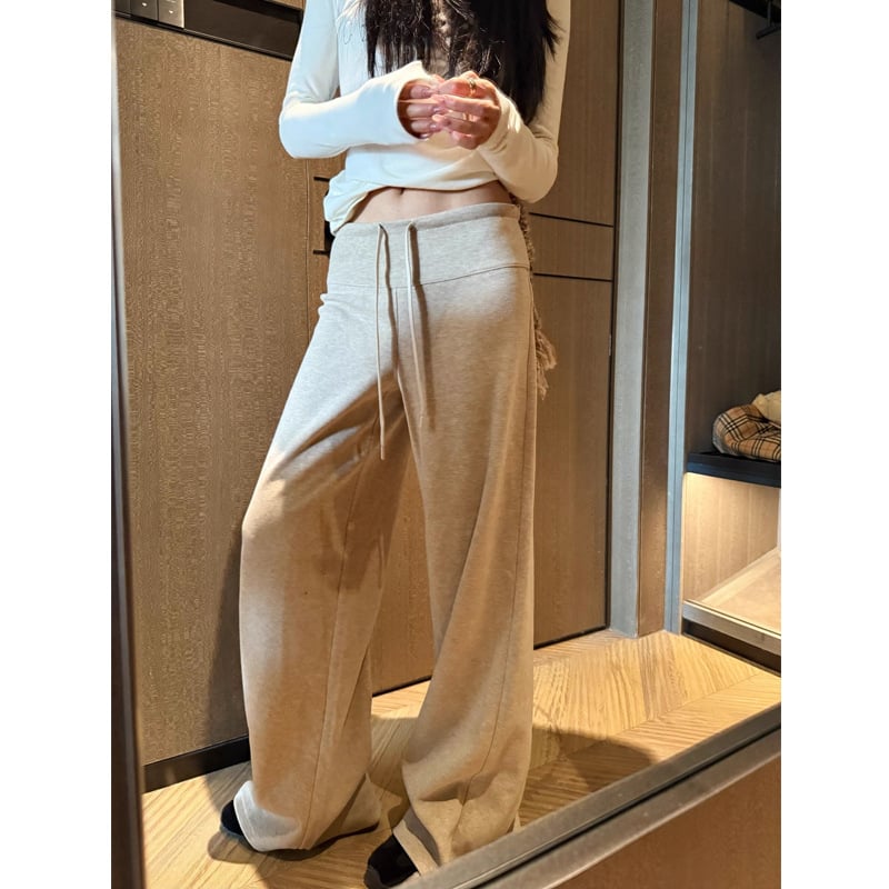 Téli egyenes szabású nadrág drapírozó hatással, típus Scimitar, dupla rétegű kötött tréning nadrág, magas derekú, poliészter anyag (50–70% poliészter) – japán-koreai laza stílus