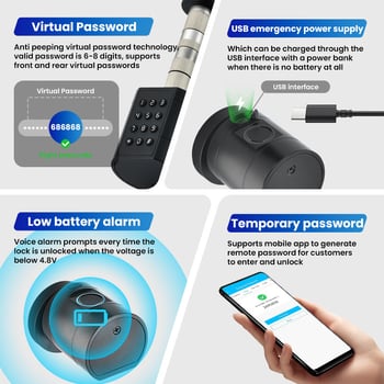 Έξυπνος κυλινδρος πόρτας 0704: πρόσβαση με δακτυλικό αποτύπωμα, κωδικό, εφαρμογή και κάρτα; 50 αποθηκευμένα δακτυλικά αποτυπώματα; >100000 ξεκλειδώσεις; σάρωση <1s; λειτουργεί από -20°C έως 55°C