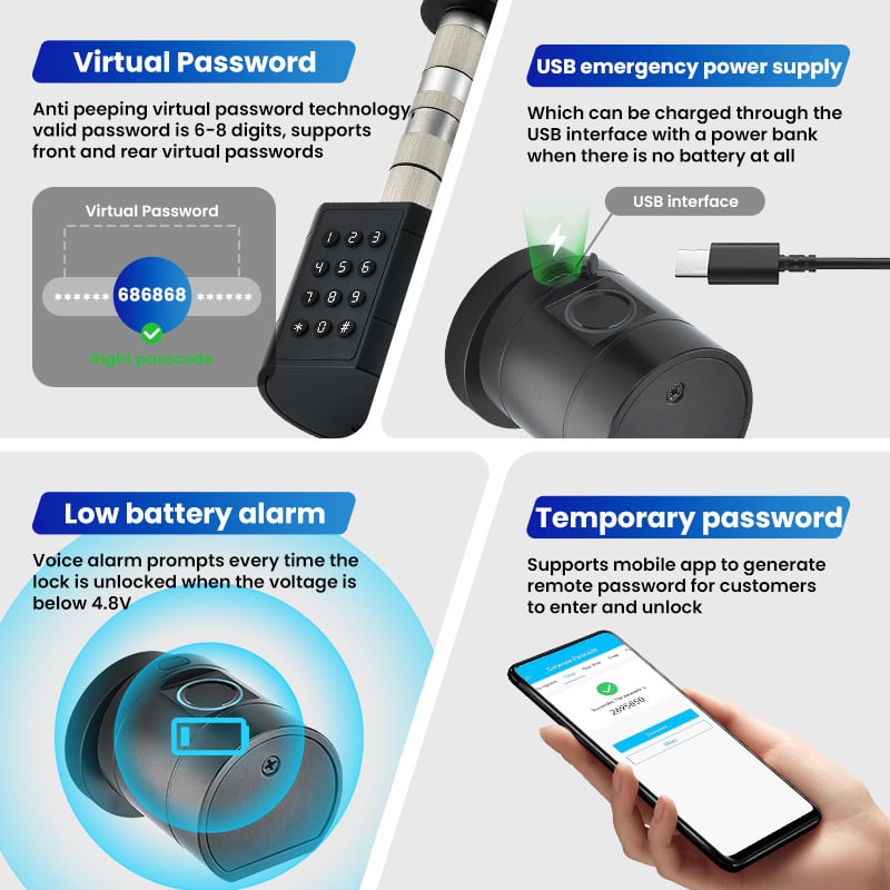 Έξυπνος κυλινδρος πόρτας 0704: πρόσβαση με δακτυλικό αποτύπωμα, κωδικό, εφαρμογή και κάρτα; 50 αποθηκευμένα δακτυλικά αποτυπώματα; >100000 ξεκλειδώσεις; σάρωση <1s; λειτουργεί από -20°C έως 55°C