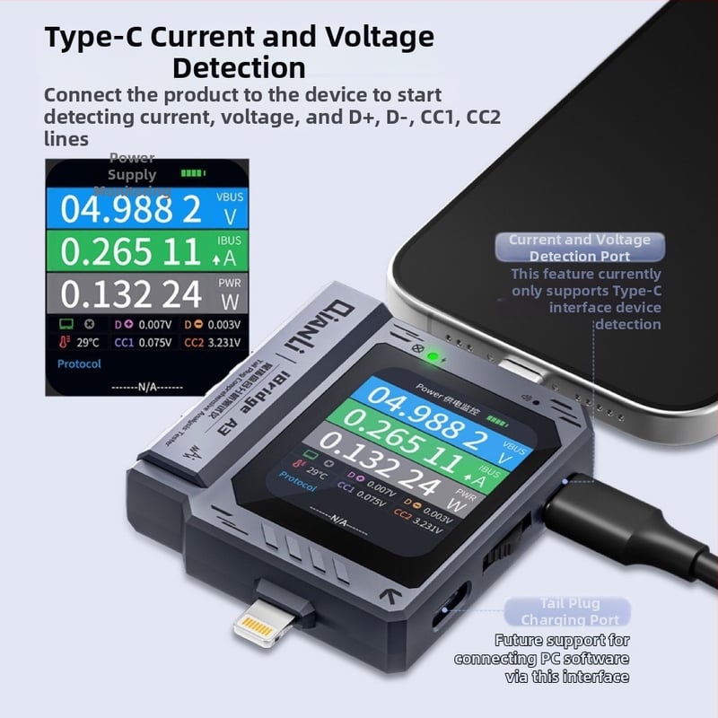 Potential iBridgeA3 USB-C Port Automatikus Detektor mobiltelefonokhoz | ABS tokozás | 1 készlet | Telekommunikációs karbantartás Apple/Huawei/Xiaomi
