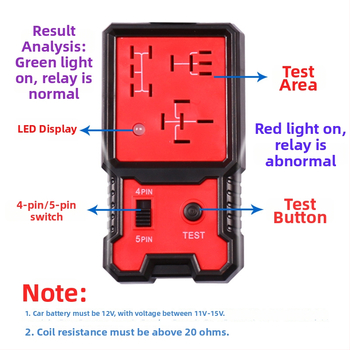 BJ-707 Testér a auto relé pre 4-pínové a 5-pínové relé, 12V napájanie, -20 až 50°C prevádzková teplota, kompatibilný s 12V autami